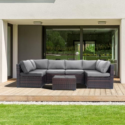 Decksplore 7 Piece Outdoor Patio Furniture Set, Rattan Weather-Resistant Outdoor Conversation Set, Outside Furniture Sectional Sofa Set with 4.3" Anti-Slip Cushions, Glass Table & Rain Cover, Gray