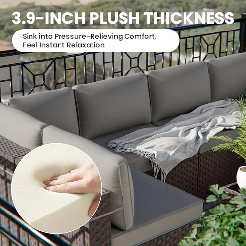 RTDTD 11 Pieces Outdoor Patio Furniture Set,Outdoor Sectional Furniture with 45" 55000 BTU Gas Propane Fire Pit Table,PE Rattan Wicker Patio Conversation Set,Swivel Rocking Chairs Set,Grey