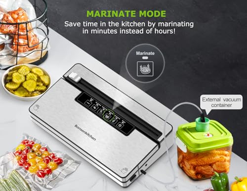 Bonsenkitchen Vacuum Sealer Machine, Stainless Steel Food Sealer Vacuum Sealers with 1 Roll & 5 Bags, 5 Food Vacuum Modes, Built-in Cutter & Bag Storage (Silver Black)