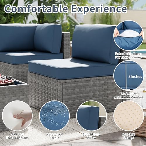 SUNLEI 5 Piece Patio Furniture Sets, Low Back All-Weather Rattan Sectional Sofa with Tea Table&Washable Couch Cushions, Patio Furniture Set (Silver Rattan Aegean Blue, 5 Pcs)