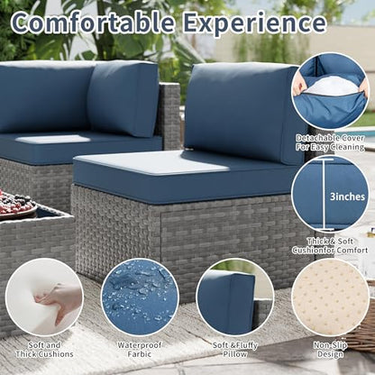 SUNLEI 5 Piece Patio Furniture Sets, Low Back All-Weather Rattan Sectional Sofa with Tea Table&Washable Couch Cushions, Patio Furniture Set (Silver Rattan Aegean Blue, 5 Pcs)