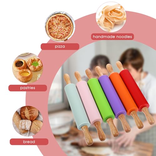 6 Pack Small Rolling Pins for Kids, Silicone Rolling Pin with Wooden Handle, Mini Rolling-Pins for Dough, Cookie, Pastry, 12 Inch (6 Colors)
