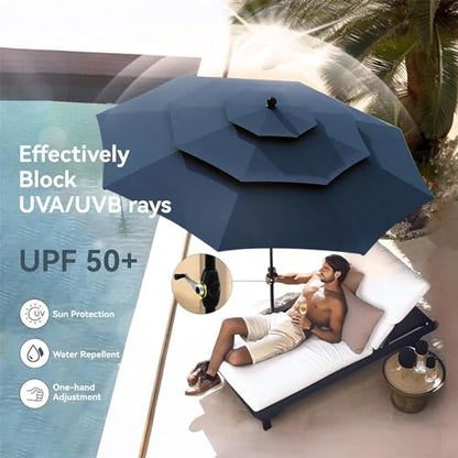 PHI VILLA 5 Piece Outdoor Dining Set with 10ft Umbrella, 37" Square Metal Dining Table & 4 Stacking Metal Chair with 3 Tier Navy Umbrella for Patio, Deck, Yard, Porch