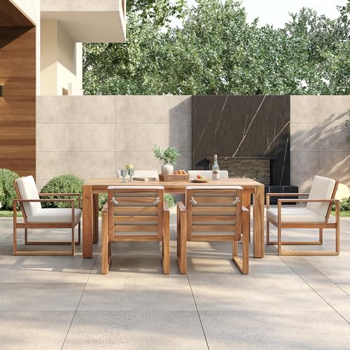 Hlcodca 7 Piece Patio Dining Table Set with Umbrella Hole, Outdoor Acacia Wood Furniture Set with Removable Cushion for Garden, Backyard, Lawn, Poolside (Beige,Light Teak)