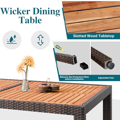 Shintenchi 7 Piece Patio Dining Set, Wicker Patio Conversation Set with Wooden Table Top, Outdoor Table and Chairs with Soft Cushions for Backyard, Deck and Garden, Brown Rattan