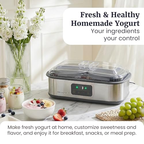 Elite Gourmet ProBioticPRO™ Digital Yogurt Maker, Programmable Temp & Time Control (68–127°F), Includes 8 Glass Jars (6 oz) + 2 Large 1-Qt Bowls, Stainless Steel, Auto Shut-Off