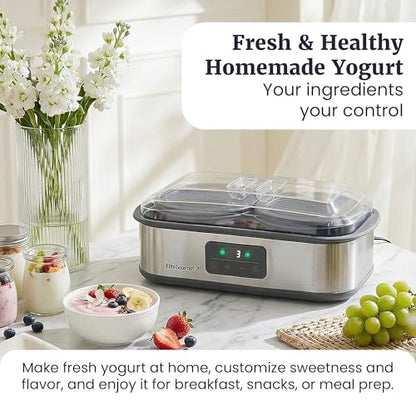 Elite Gourmet ProBioticPRO™ Digital Yogurt Maker, Programmable Temp & Time Control (68–127°F), Includes 8 Glass Jars (6 oz) + 2 Large 1-Qt Bowls, Stainless Steel, Auto Shut-Off