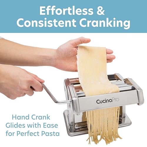 Pasta Maker Deluxe Set- Stainless Steel Machine w 3 Interchangeable Attachments- Make 5 Different Pastas- Spaghetti Fettuccini Angel Hair Ravioli Lasagnette- Durable Cutters for Adjustable Thicknesses
