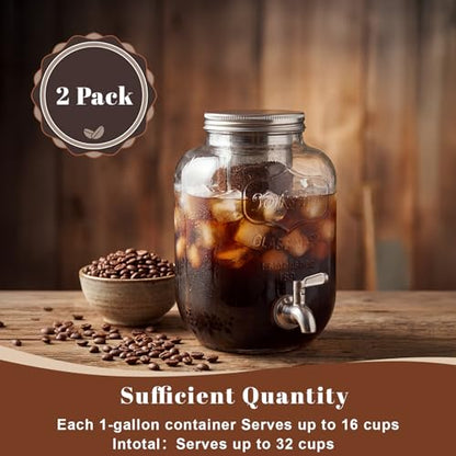 Acellegic 2 Pack 1 Gallon Cold Brew Coffee Maker Iced Coffee Maker with Stainless Steel Filter, Lid & Spigot Heavy Duty Glass Cold Brew Pitcher Drink Dispenser Thick Iced Tea Pitcher for Fridge