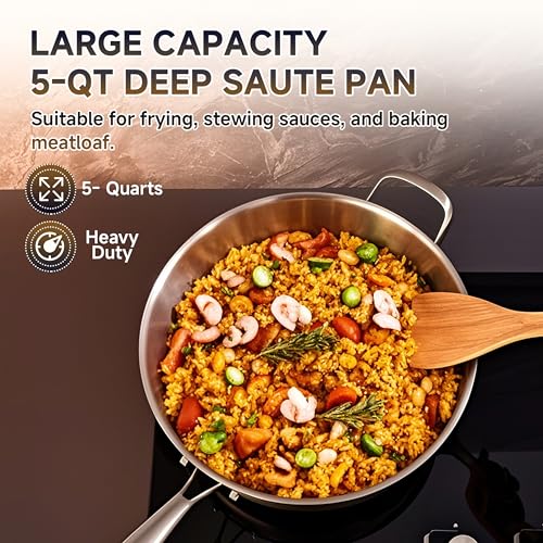 LOLYKITCH 5 Quarts Tri-Ply Stainless Steel Sauté Pan wih Lid, 12 Inch Deep Frying Pan,Jumbo Cooker,Induction Cooking Pan,Dishwasher and Oven Safe,Detachable Handle.