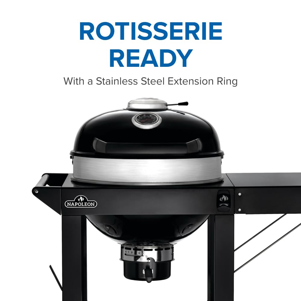 Napoleon PRO22 Charcoal Kettle Grill with Folding Cart, Black, Porcelain-Enameled Lid and Bowl, Chrome-Plated Cooking Grid