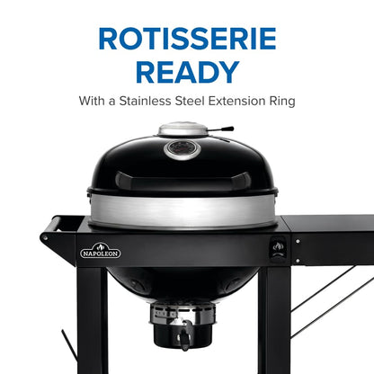 Napoleon PRO22 Charcoal Kettle Grill with Folding Cart, Black, Porcelain-Enameled Lid and Bowl, Chrome-Plated Cooking Grid