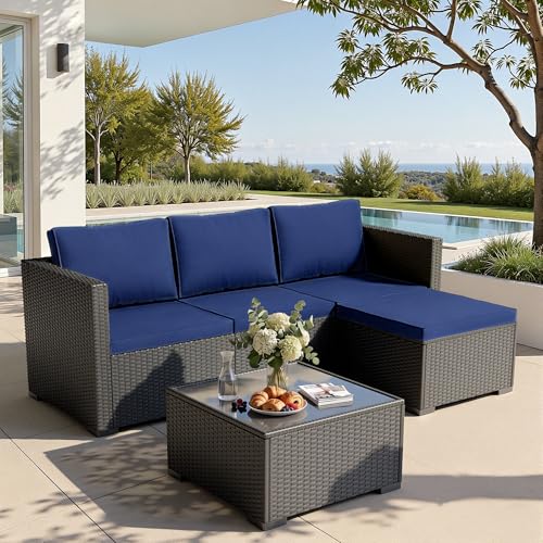 WWR Patio Furniture Set 5 Piece - Wide Armrests - All-Weather Wicker Rattan Outdoor Patio Conversation Couch Sets, Modular Sectional Sofa for Garden, Patio, Poolside, Backyard, Balcony, Porch