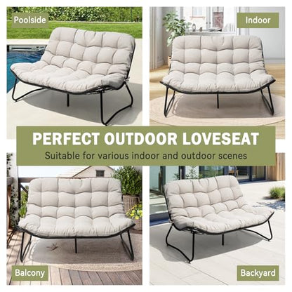 Outdoor Loveseat with Soft Cushion，Patio 2-Seat Boho Sofa (Beige)