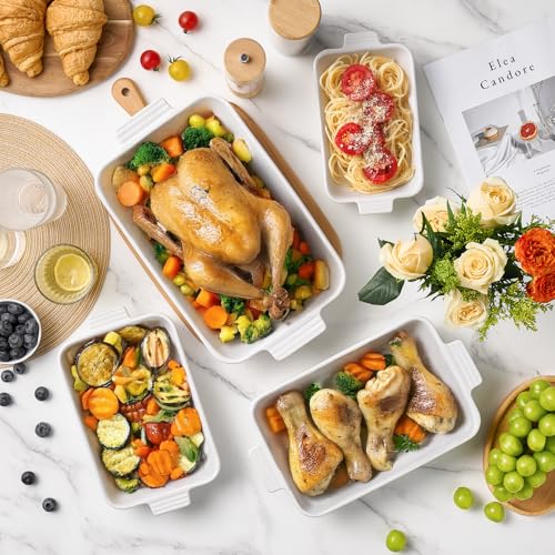 Jassceram Casserole Dishes for Oven, Porcelain Baking Dishes Set of 4, Rectangular Ceramic Casserole Dish with Handles, Deep Lasagna Pan for Kitchen Baking, 9.6" to 15.2", Nesting Design, White