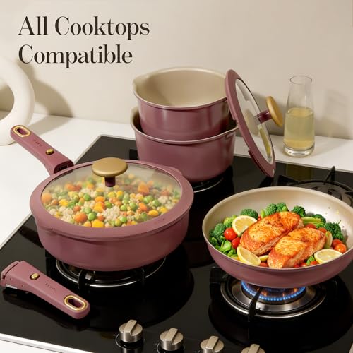 CAROTE 18Pcs Pots and Pans Set, Titanium kitchen Pan Set, Nonstick Cookware Set Detachable Handle, Induction kitchen cookware Non Stick, RV Cookware Set, Oven Safe, Red
