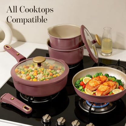 CAROTE 19 Pcs Pots and Pans Set, Nonstick Cookware Sets with Detachable Handle, Titanium Reinforced, Oven Safe, Cookware Non Stick Cooking Set w/Frying Pans & Saucepans Red(PFOS, PFOA Free)