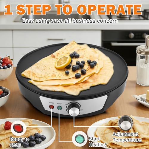 Vivicreate 12 Inch Electric Crepe Maker Nonstick Crepe Pan Griddle with Adjustable Temperature Control LED Indicator Lights Batter Spreader and Wooden Spatula for Pancakes Roti Tortillas Blintzes