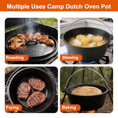 Blingco 10 QT Pre-Seasoned Cast Iron Camp Dutch Oven with Lid, Large Camping Dutch Oven Pot, incl. Lid Lifter - Dual Handles - for Outdoor Campfire, Grill, Oven&Stovetop Cooking - Black