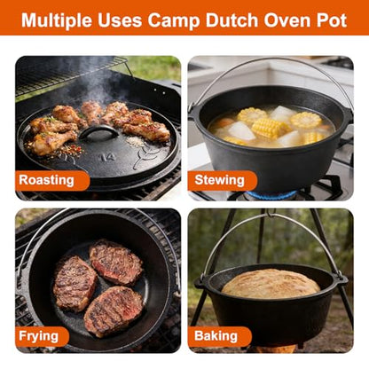 Blingco 10 QT Pre-Seasoned Cast Iron Camp Dutch Oven with Lid, Large Camping Dutch Oven Pot, incl. Lid Lifter - Dual Handles - for Outdoor Campfire, Grill, Oven&Stovetop Cooking - Black