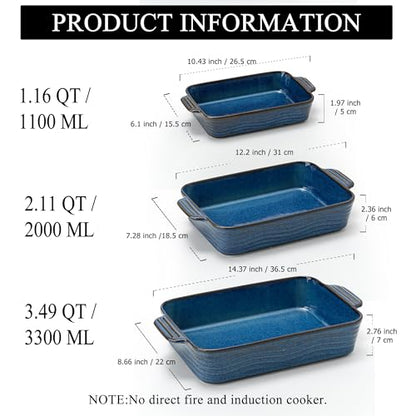 Kiln-Transformed Blue Ceramic Baking Dish Set of 3, Casserole Dishes for Oven, Square Porcelain Bakeware Set with Handles, Lasagna Baking Pan for Cooking, Perfect for Baking and Serving, Housewarming, Halloween, Thanksgiving, Christmas, New Year