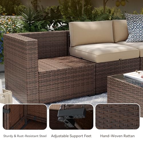 Aoxun Patio Furniture Sets, 7-Piece Outdoor Patio Furniture with Thick Cushions, Wicker Outdoor Conversation Set Sectional Sofa for Backyard, Poolside, Garden(Cream-Browm, 7 x 25.6 - Seats)