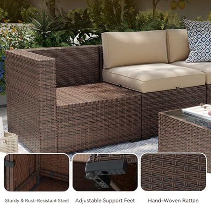 Aoxun Patio Furniture Sets, 7-Piece Outdoor Patio Furniture with Thick Cushions, Wicker Outdoor Conversation Set Sectional Sofa for Backyard, Poolside, Garden(Cream-Browm, 7 x 25.6 - Seats)