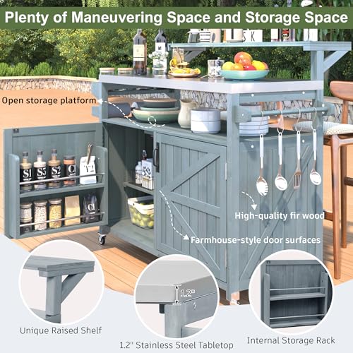 Karzibo 53.4" Farmhouse Outdoor Kitchen Island, Solid Wood Rolling Grill Cart with Stainless Steel Top, Raised Shelf, Internal Storage Rack, Adjustable Shelf & Spice Rack (Grey Blue)