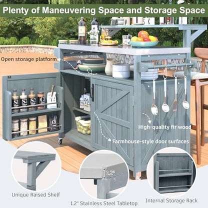 Karzibo 53.4" Farmhouse Outdoor Kitchen Island, Solid Wood Rolling Grill Cart with Stainless Steel Top, Raised Shelf, Internal Storage Rack, Adjustable Shelf & Spice Rack (Grey Blue)