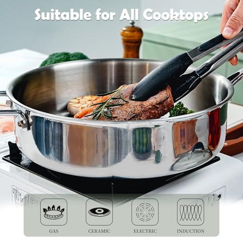 SLOTTET Tri-Ply Stainless Steel Saute Pan with Lid, 5 Quart Deep Sauté Pan with Stay Cool Handle,11.5 Inch Frying Pan,Dishwasher and Oven Safe,Induction Stainless Steel Cookware
