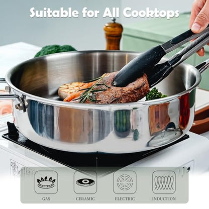 SLOTTET Tri-Ply Stainless Steel Saute Pan with Lid, 5 Quart Deep Sauté Pan with Stay Cool Handle,11.5 Inch Frying Pan,Dishwasher and Oven Safe,Induction Stainless Steel Cookware