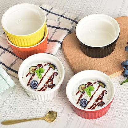 homEdge Porcelain Ramekins Set with Lid, 240 ml / 8 Fl Ounces Ice Cream Bowl, Creme Brûlée Ramekins Soufflé Cup for Baking, Set of 6 Black