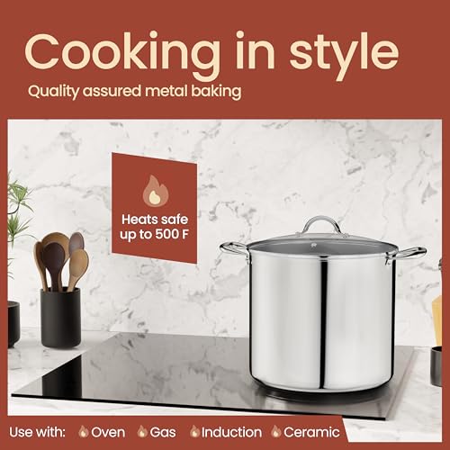 Stainless Steel Stockpot with Tempered Glass Lid 24 Quart, Durable 18/0 Stainless Steel, Impact-Bonded Base for Even Heating, Riveted Handles, Oven & All Stove Compatible, Safe Up To 500°F (260°C)
