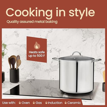 Stainless Steel Stockpot with Tempered Glass Lid 24 Quart, Durable 18/0 Stainless Steel, Impact-Bonded Base for Even Heating, Riveted Handles, Oven & All Stove Compatible, Safe Up To 500°F (260°C)
