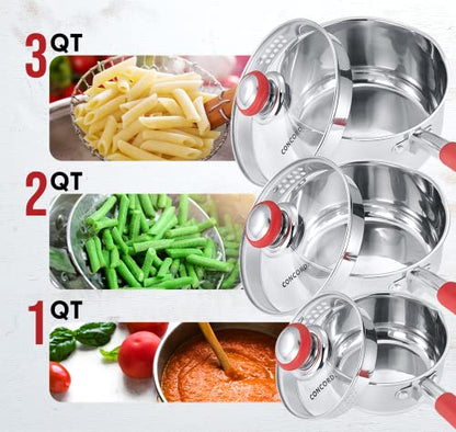 Concord 2 Quart Stainless Steel Saucepan with SIMPLE POUR Vented Glass Lid. Features Dual Pouring Spouts and Volume Marking. Perfect for making Sauces, Jam, Ramen, and more