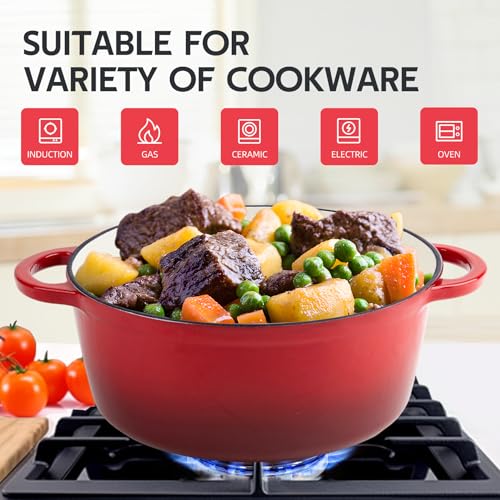 4 Quart Dutch Oven Enameled Cast Iron with Lid - Big Dual Handles - Oven Safe up to 500°F - Classic Round Pot for Versatile Cooking Red