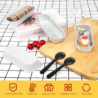 LNYZQUS Mini Cake Pans with Lids 100 Pack,Individual Foil Baking Tins,Disposable Mini Loaf Pans Small Cakes Tin Cupcake Containers for Bake Sale Wedding-White,6.8oz