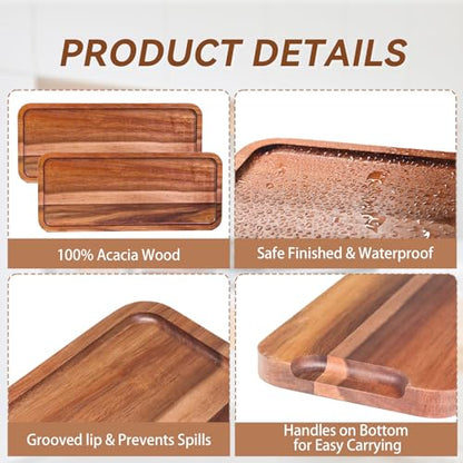 Wood Serving Trays Set of 6, 14 x 6 inch Acacia Wood Platters, Long Rectangular Wooden Trays for Charcuterie, Appetizers, Dessert, Party Serving & Kitchen Décor