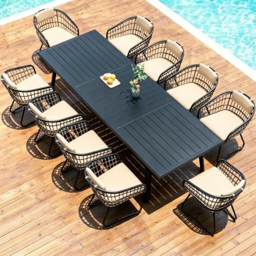 Pellebant 11 Piece Outdoor Dining Set for 10, Aluminum Table & Wicker Chair