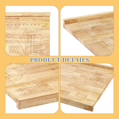 Wooden Pastry Board with Measurement, 24'' x 20'' Wood Kneading Board, 2-in-1 Rubber Wood Pastry Board and Chopping Board with Side Lip and Engraved Ruler