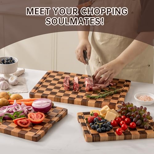 FYCTIO Checkered Cutting Boards for Kitchen, Wooden Cutting Board Set, Acacia Chopping Board with Juice Grooves & Handles, Butcher Block Serving Tray for Meat, Vegetables and Fruits, 3pcs