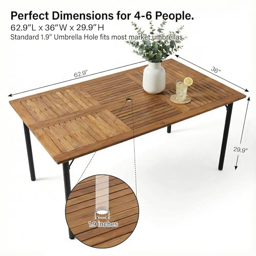 Greesum Acacia Wood Patio Outdoor Dining Table, 63" L x 36" W x 30" H Outdoor Table with Umbrella Hole and Sturdy Metal Legs for Garden, Patio, Backyard