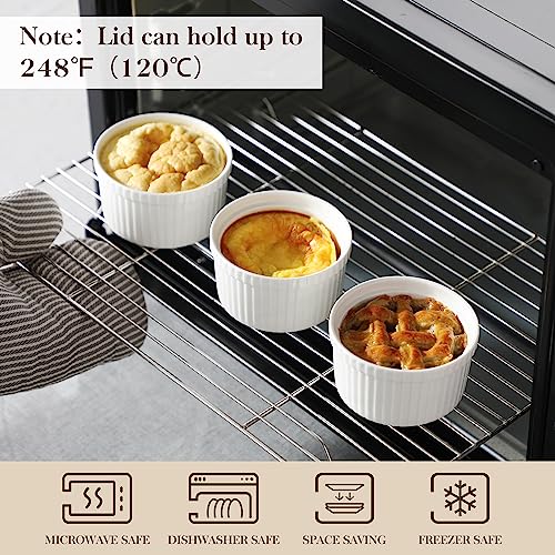 MALACASA Ramekins with Lids 8 oz - Set of 6, White Porcelain Creme Brulee Souffle Ramekins with Covers, Ceramic Custard Cups for Baking, Dishwasher and Oven Safe, Series RAMEKIN-DISH