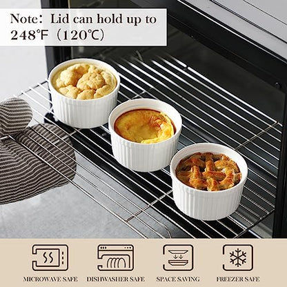 MALACASA Ramekins with Lids 8 oz - Set of 6, White Porcelain Creme Brulee Souffle Ramekins with Covers, Ceramic Custard Cups for Baking, Dishwasher and Oven Safe, Series RAMEKIN-DISH