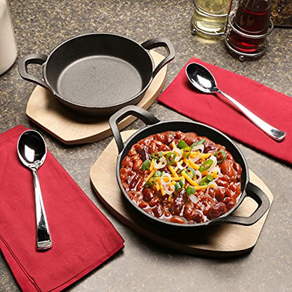 HOME DISTRICT Mini Cast Iron Skillet Set of 4 Mini Ramekins, Oven Safe, 6 Inch, 12 Oz Cast Iron Skillet Set with Wood Trivets