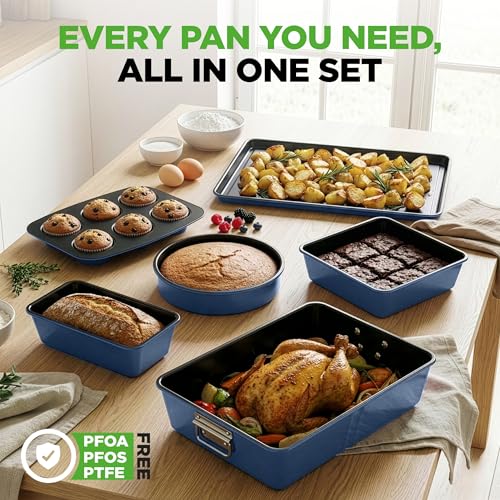 NutriChef 8-Piece Nonstick Stackable Bakeware Set - PFOA, PFOS, PTFE Free Baking Tray Set w/Non-Stick Coating, 450°F Oven Safe, Round Cake, Loaf, Muffin, Wide/Square Pans, Cookie Sheet (Blue)