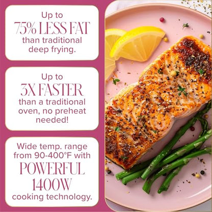 Paris Hilton 6-Quart Air Fryer, Nonstick Basket Made Without PFAS, Touchscreen, 8-in-1 (Fry, Roast, Broil, Bake, Reheat, Keep Warm, Pizza, Dehydrate), Dishwasher Safe Basket and Crisping Tray, Pink
