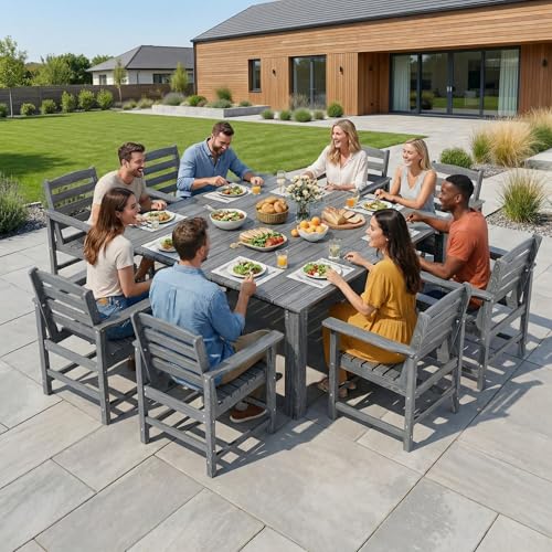 PamapicLife Outdoor HDPE Dining Table Set, 10-Piece Outdoor Dining Table Sets, Wood Grain Patio Furniture Sets with Umbrella Hole for Porch, Backyard, Gray