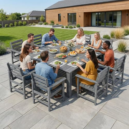 PamapicLife Outdoor HDPE Dining Table Set, 10-Piece Outdoor Dining Table Sets, Wood Grain Patio Furniture Sets with Umbrella Hole for Porch, Backyard, Gray