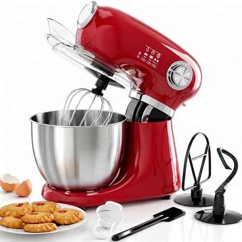 Kismile 5.5QT Tilt-Head Stand Mixer, 12-Speed Electric Mixer with 304 Stainless Steel Bowl - Includes Whisk, Dough Hook, Beater for Baking Bread, Cakes, Cookies（Red）